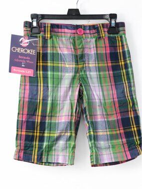 Cherokee Girls Bermuda Shorts XS 4/5 Plaid Adjustable Waist NWT Green Pink